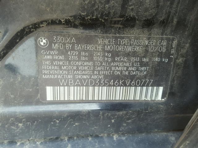 WBAVD33546KV60777 - 2006 BMW 330 XI BLACK photo 10
