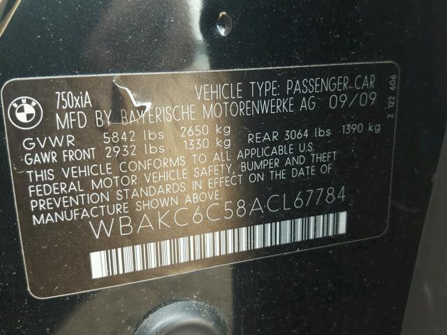 WBAKC6C58ACL67784 - 2010 BMW 750 I BLACK photo 10