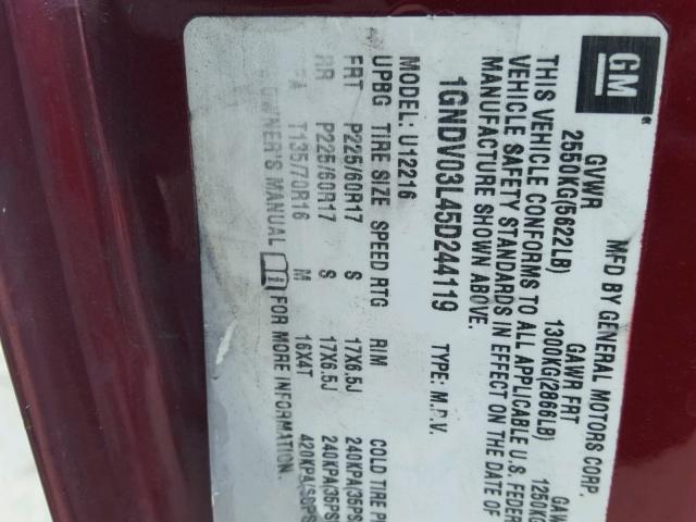 1GNDV03L45D244119 - 2005 CHEVROLET UPLANDER BURGUNDY photo 10