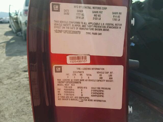 1G2NF12F22C289979 - 2002 PONTIAC GRAND AM S MAROON photo 10