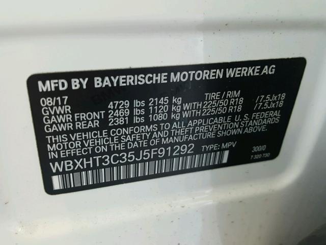 WBXHT3C35J5F91292 - 2018 BMW X1 XDRIVE2 WHITE photo 10