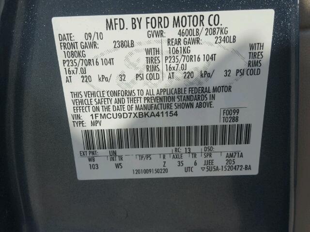 1FMCU9D7XBKA41154 - 2011 FORD ESCAPE BLUE photo 10