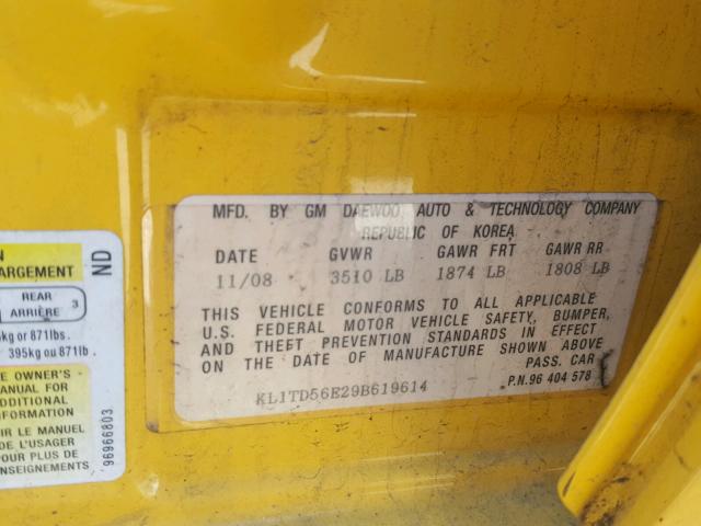 KL1TD56E29B619614 - 2009 CHEVROLET AVEO LS YELLOW photo 10