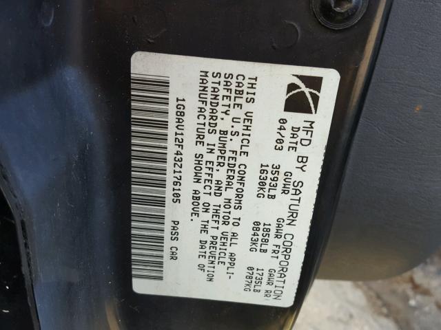 1G8AV12F43Z176105 - 2003 SATURN ION LEVEL 黑色 照片 10