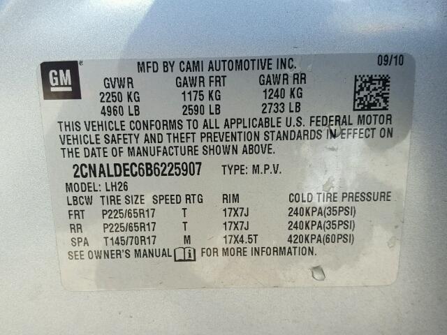 2CNALDEC6B6225907 - 2011 CHEVROLET EQUINOX LT SILVER photo 10