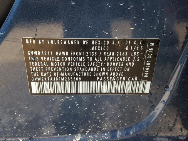 3VW2K7AJ8FM285309 - 2015 VOLKSWAGEN JETTA BASE 蓝色 照片 10