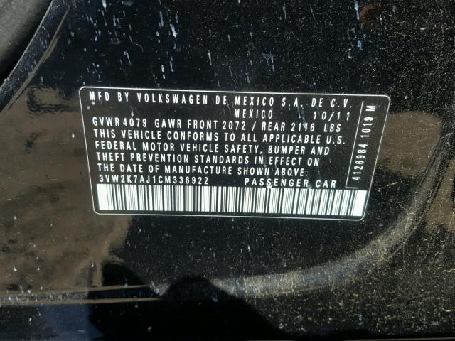 3VW2K7AJ1CM336922 - 2012 VOLKSWAGEN JETTA BASE 黑色 照片 10