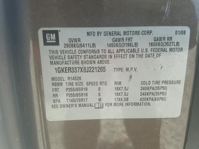 1GKER337X8J221265 - 2008 GMC ACADIA SLT თაფლისფერი ფოტო 10