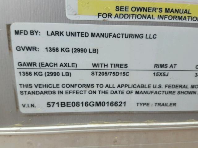 571BE0816GM016621 - 2016 UTILITY TRAILER GRAY photo 10