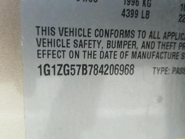 1G1ZG57B784206968 - 2008 CHEVROLET MALIBU LS GOLD photo 10