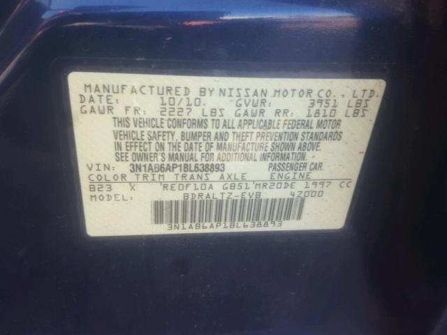 3N1AB6AP1BL638893 - 2011 NISSAN SENTRA 2.0 BLUE photo 10