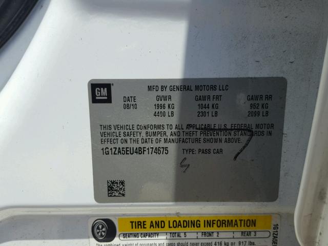 1G1ZA5EU4BF174675 - 2011 CHEVROLET MALIBU LS თეთრი ფოტო 10