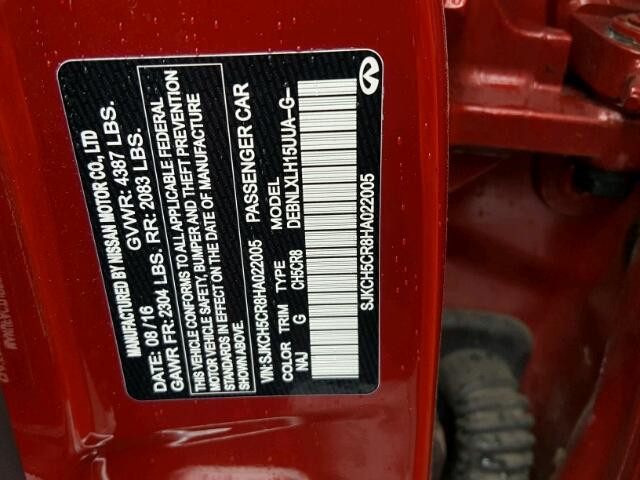 SJKCH5CR8HA022005 - 2017 INFINITI QX30 BASE BURGUNDY photo 10