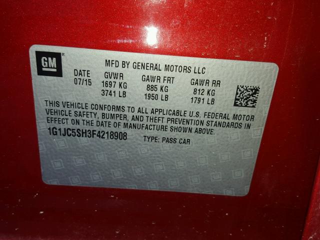 1G1JC5SH3F4218908 - 2015 CHEVROLET SONIC LT RED photo 10