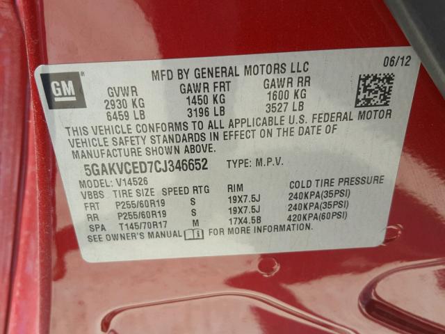 5GAKVCED7CJ346652 - 2012 BUICK ENCLAVE RED photo 10
