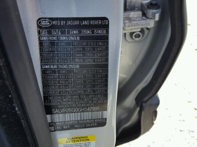 SALVP2BG0GH147995 - 2016 LAND ROVER RANGE ROVE SILVER photo 10