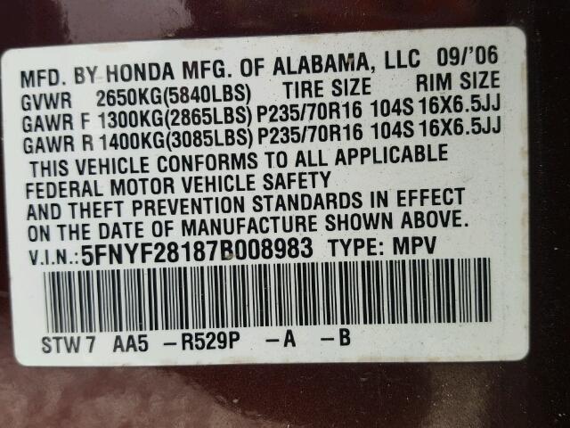 5FNYF28187B008983 - 2007 HONDA PILOT LX MAROON photo 10