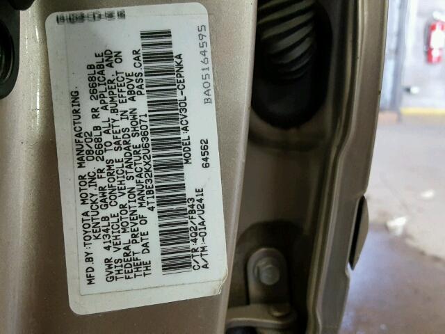 4T1BE32KX2U636071 - 2002 TOYOTA CAMRY LE GOLD photo 10