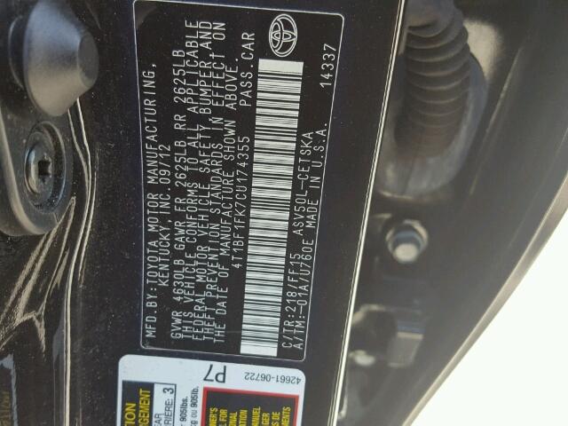 4T1BF1FK7CU174355 - 2012 TOYOTA CAMRY BASE BLACK photo 10