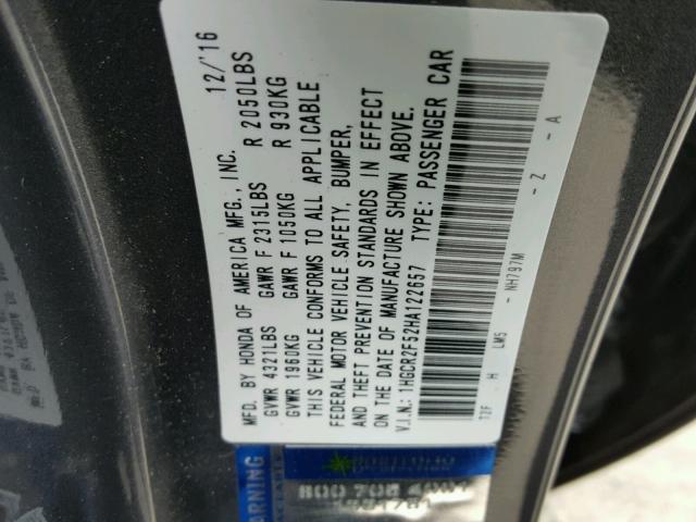 1HGCR2F52HA122657 - 2017 HONDA ACCORD SPO ნაცრისფერი ფოტო 10