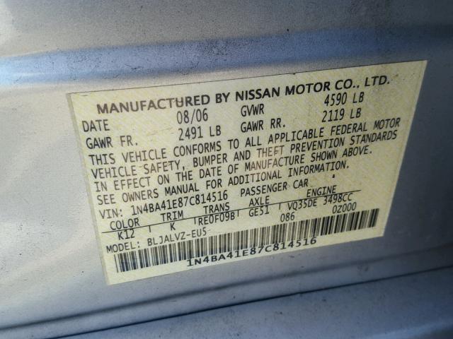 1N4BA41E87C814516 - 2007 NISSAN MAXIMA SE SILVER photo 10