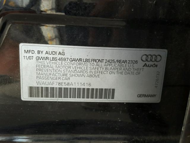 WAUAF78E58A111416 - 2008 AUDI A4 2.0T BLACK photo 10