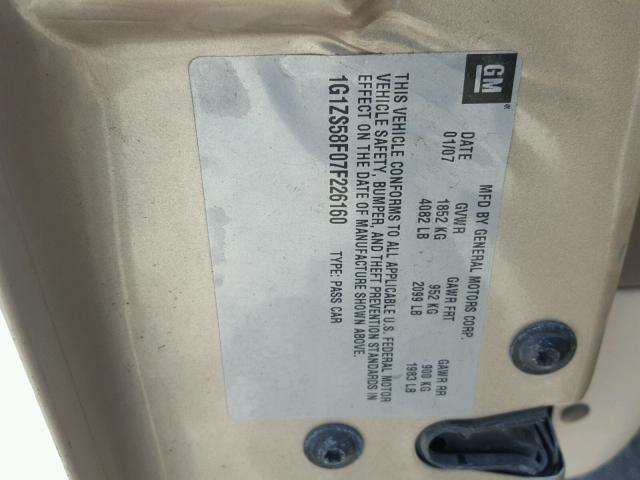 1G1ZS58F07F226160 - 2007 CHEVROLET MALIBU LS Bej foto 10