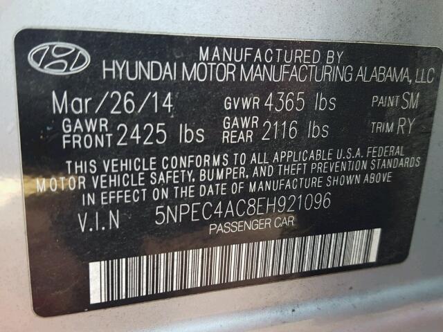 5NPEC4AC8EH921096 - 2014 HYUNDAI SONATA SE/ SILVER photo 10