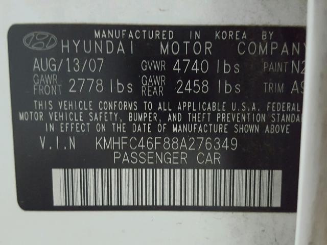 KMHFC46F88A276349 - 2008 HYUNDAI AZERA SE WHITE photo 10