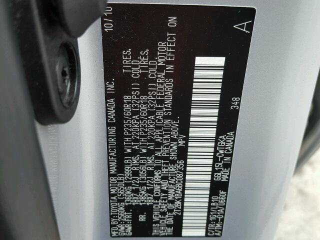 2T2BK1BA6BC087356 - 2011 LEXUS RX 350 SILVER photo 10