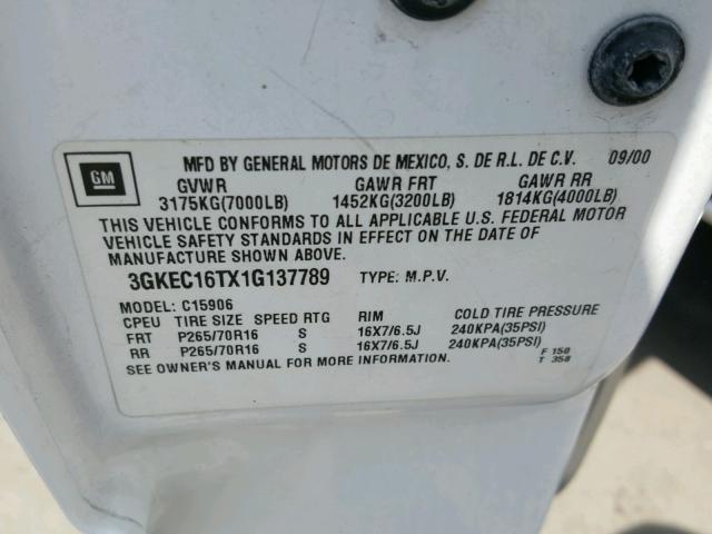 3GKEC16TX1G137789 - 2001 GMC YUKON XL C WHITE photo 10