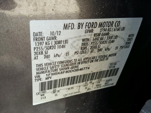 1FM5K8F80DGB46774 - 2013 FORD EXPLORER L GRAY photo 10