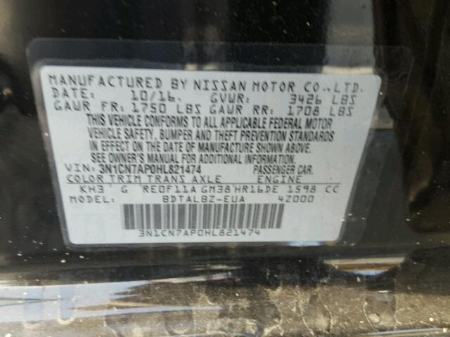 3N1CN7AP0HL821474 - 2017 NISSAN VERSA S BLACK photo 10