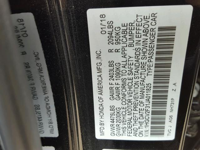 1HGCV2F31JA011825 - 2018 HONDA ACCORD SPO 黑色 照片 10