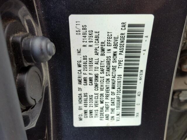 19UUA8F70CA006706 - 2012 ACURA TL GRAY photo 10