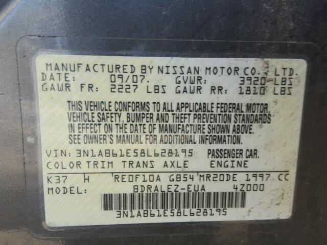 3N1AB61E58L628195 - 2008 NISSAN SENTRA 2.0 GRAY photo 10