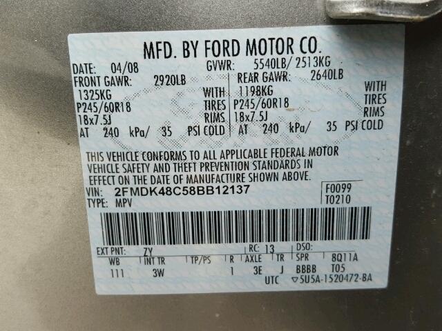 2FMDK48C58BB12137 - 2008 FORD EDGE SEL TAN photo 10