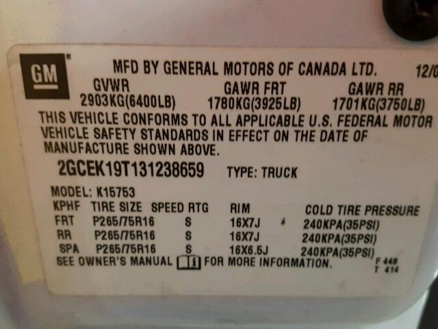 2GCEK19T131238659 - 2003 CHEVROLET SILVERADO WHITE photo 10