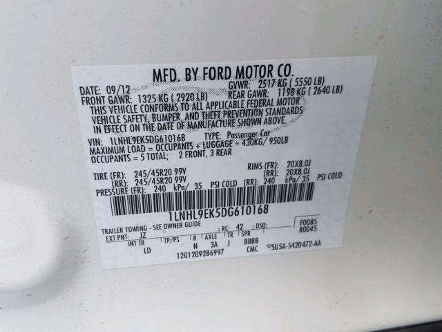 1LNHL9EK5DG610168 - 2013 LINCOLN MKS WHITE photo 10