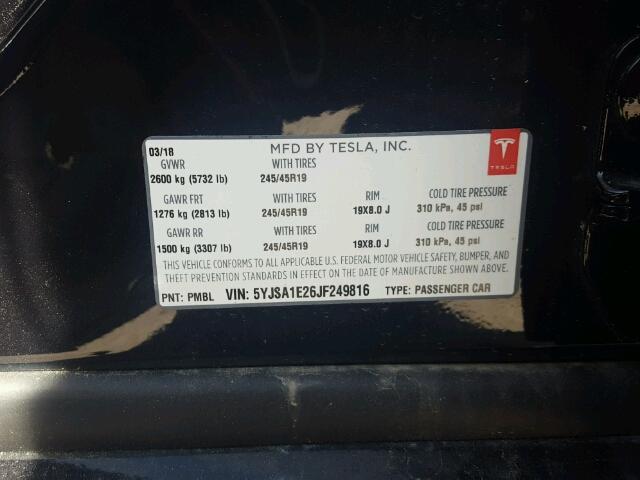 5YJSA1E26JF249816 - 2018 TESLA MODEL S BLACK photo 10