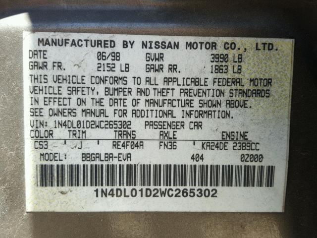 1N4DL01D2WC265302 - 1998 NISSAN ALTIMA XE GRAY photo 10