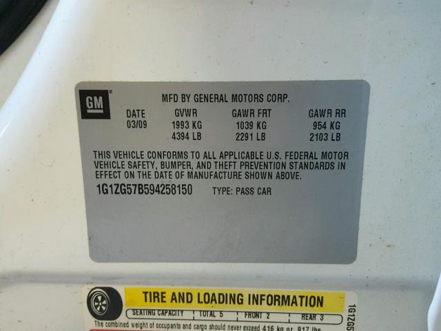 1G1ZG57B594258150 - 2009 CHEVROLET MALIBU LS 白色 照片 10