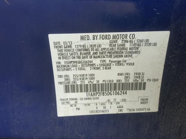 1FAHP2F85DG106244 - 2013 FORD TAURUS LIM BLUE photo 10