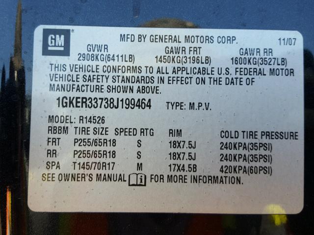 1GKER33738J199464 - 2008 GMC ACADIA SLT 黑色 照片 10