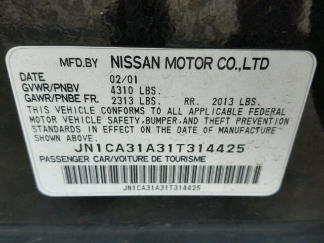 JN1CA31A31T314425 - 2001 NISSAN MAXIMA GXE BLACK photo 10