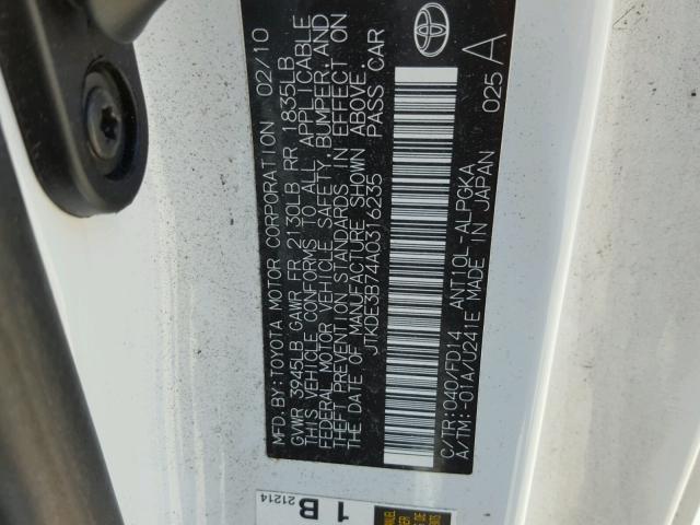 JTKDE3B74A0316235 - 2010 TOYOTA SCION TC 白色 照片 10