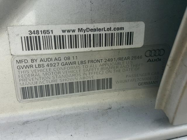 WAUKFAFL7CN006722 - 2012 AUDI A4 PRESTIG SILVER photo 10