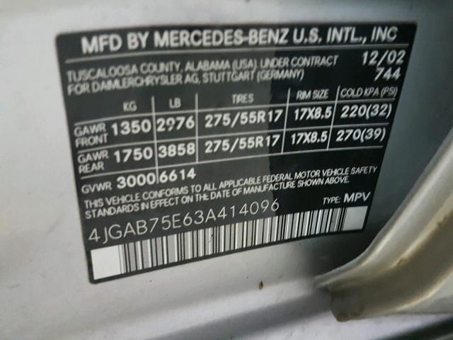 4JGAB75E63A414096 - 2003 MERCEDES-BENZ ML 500 SILVER photo 10