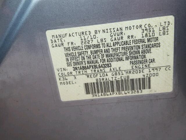 3N1AB6APXBL643283 - 2011 NISSAN SENTRA 2.0 SILVER photo 10