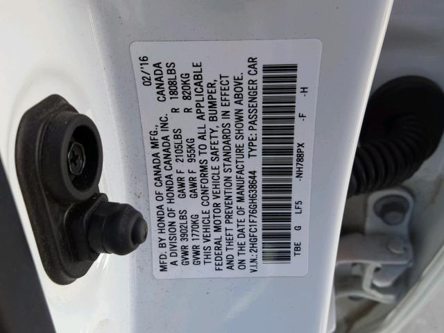 2HGFC1F76GH638644 - 2016 HONDA CIVIC EXL WHITE photo 10